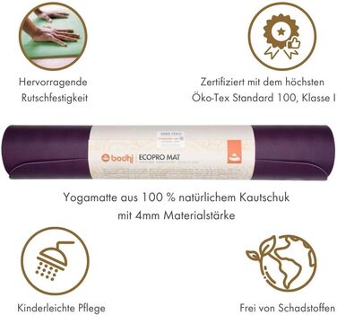 Професійний йога-мат Bodhi ECO PRO з натурального каучуку, екологічний, антислізький, для йоги та пілатесу, 185×60×0,4 см, фіолетовий