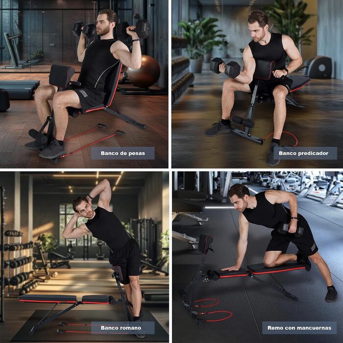 Складана та регульована лавка для тренувань з гантелями, 7 положень, вантажопідйомність 300 кг, з еластичними стрічками та подушкою для біцепса – ідеально для дому