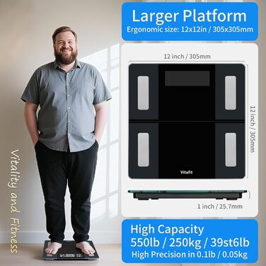 Ваги Vitafit для тіла з Bluetooth, аналіз складу тіла (жир, BMI, м'язи), максимальне навантаження 250 кг, точність, чорний