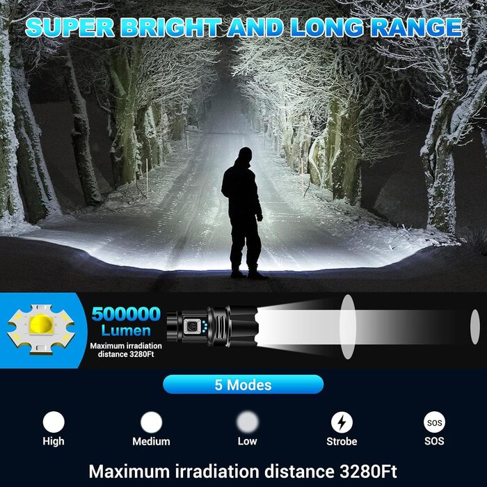 Ліхтар LED акумуляторний 500000 люмен, тактичний, потужний, IP67, водонепроникний, для кемпінгу, туризму, риболовлі, з чохлом та компасом