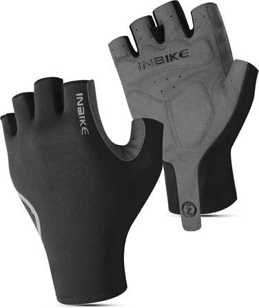 Велосипедні рукавички INBIKE літні напівпальцеві дихаючі, з еластичністю, для шосе та MTB, 3 мм SDR, антиковзаючі, з світловідбиваючими елементами, чорні, чоловічі/жіночі