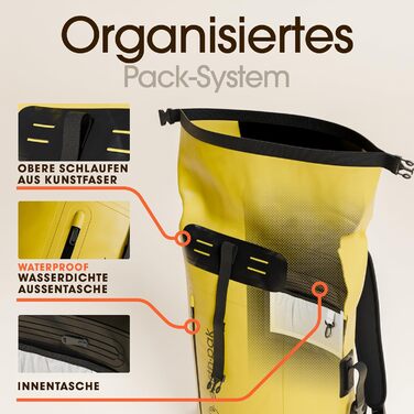 Водонепроникний рюкзак Earth Pak 55L з ролтопом, кишенею на блискавці та IPX8 водонепроникним чохлом для телефону (Жовтий)
