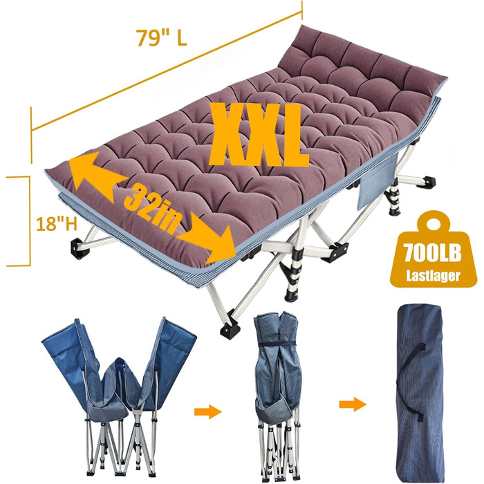 Кемпінгове ліжко з матрацом, розкладне, для відпочинку на природі та вдома (200 кг)