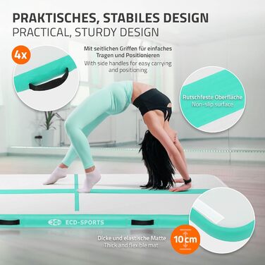 Надувний гімнастичний мат Airtrack ECD Germany для тамблінгу та фітнесу, 300 x 100 x 10 см, м'ятно-зелений (з електричним насосом та сумкою)