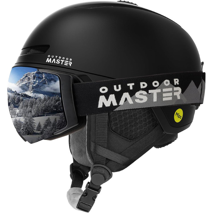 Комплект шолома для сноуборду та лиж OutdoorMaster MIPS з маскою PRO, регульований, чорний, розмір S, для чоловіків, жінок та підлітків