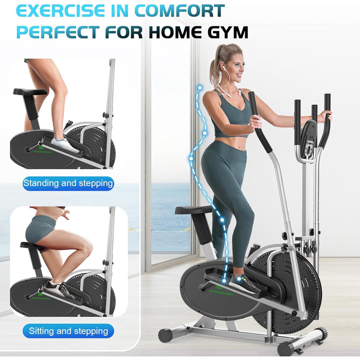 Еліптичний тренажер 2 в 1 для дому: крос-тренажер та фітнес-степер з LCD-монітором та регулюванням навантаження (срібний)