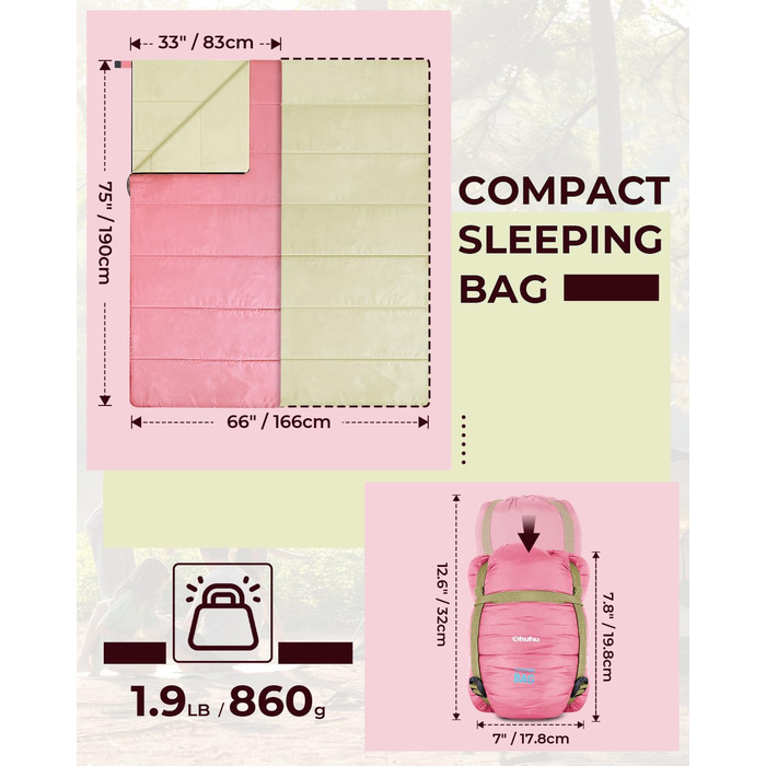 Сплячий мішок Ohuhu, компактний та ультралегкий (900г), літній, ковдровий, для дому та відпочинку, кемпінгу, подорожей, фестивалів (рожевий)