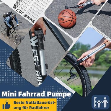 Міні-насос для велосипеда West Biking - Алюмінієвий насос для велосипеда, сумісний з усіма типами вентилів, портативний, швидке накачування шин, легкий, для MTB, шосе, м'ячів (срібний)