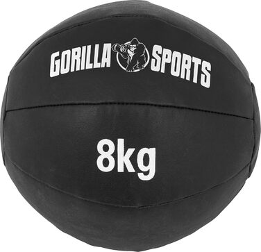 Медичний м'яч GORILLA SPORTS 8 кг, шкіряний, чорний, 29 см – тренувальний, фітнес м'яч, для кросфіту та фітнесу