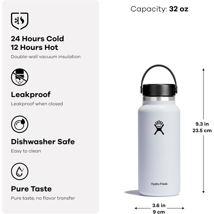 Термос-пляшка HYDRO FLASK 946 мл із нержавіючої сталі для води та спорту, ізольована, з герметичною кришкою Flex Cap, для напоїв, чорна