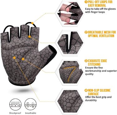 Перчатки велосипедні без пальців для фітнесу, дихаючі, з антиковзаючим покриттям та амортизацією, для MTB, фітнесу, чоловічі та жіночі, сірі (M)