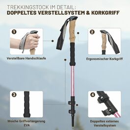 Жінські та чоловічі палиці для скандинавської ходьби 2 шт. Телескопічні, складні палиці для трекінгу з алюмінію з гумовими амортизаторами (Рожеві)