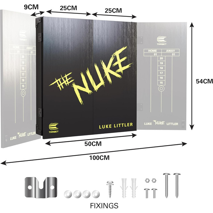 Професійний набір для дартсу Target Darts Luke Littler Kabinett & Dartboard Set 'The Nuke' з шафкою, двома наборами стілдарців та аксесуарами, ідеально підходить для гравців, включає пунктетаблиці, оригінальна гравецька версія