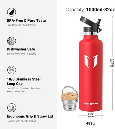 Пляшка для води Super Sparrow з нержавіючої сталі, термос, герметична, BPA Free, 350/500/620/750/1000 мл, для дітей, спорту, школи, з 2 кришками