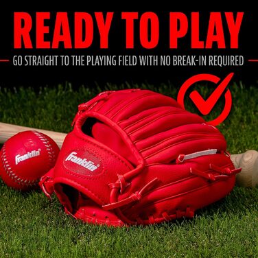 Рукавиця для бейсболу Franklin Sports RTP Kinder Teeball (ліва рука, червона) + М'яч - Дитячий набір для ті-болу для хлопчиків та дівчаток (24,1 см)