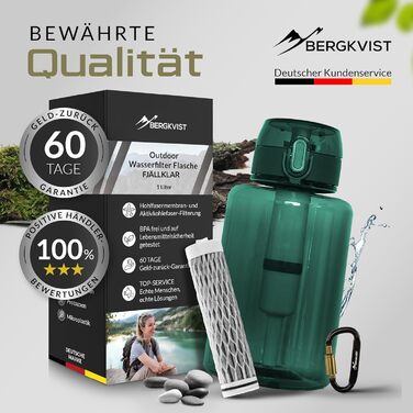 Пляшка з фільтром BERGKVIST FJÄLLKLAR 1 л для очищення води під час кемпінгу, туризму та виживання, зелена, фільтр AHLSTROM
