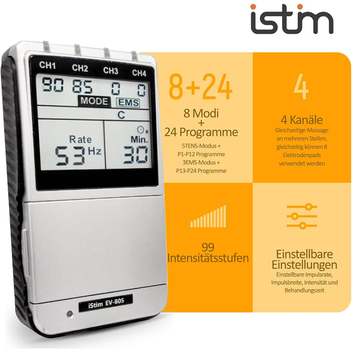 iStim EV-805 TENS EMS: 4-канальний апарат для електростимуляції та масажу - зняття болю в спині, шиї, плечах, ногах. Комплект з 16 електродів та батарейками AA