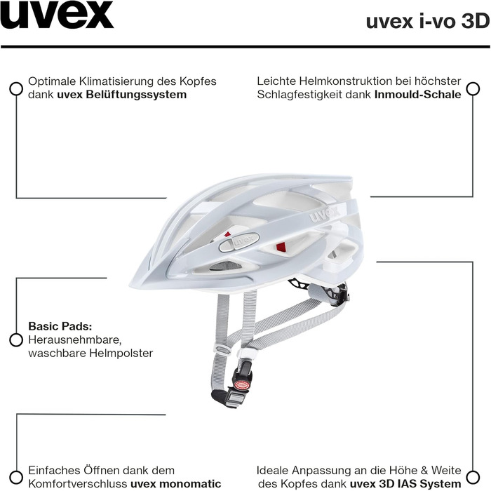 Шолом uvex i-vo 3D: Легкий універсальний шолом для жінок та чоловіків, індивідуальне регулювання розміру, розширюється світлодіодним ліхтариком (Gen 1, cloud, 56-60 см)