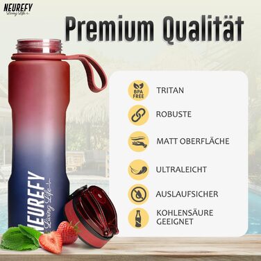 Пляшка для води NEUREFY 1 л із тритану, червона і синя, не протікає, зручна, BPA Free, зі шкалою та ситечком – спортивна пляшка для фітнесу, тренажерного залу, офісу, навчання, школи, для активного відпочинку