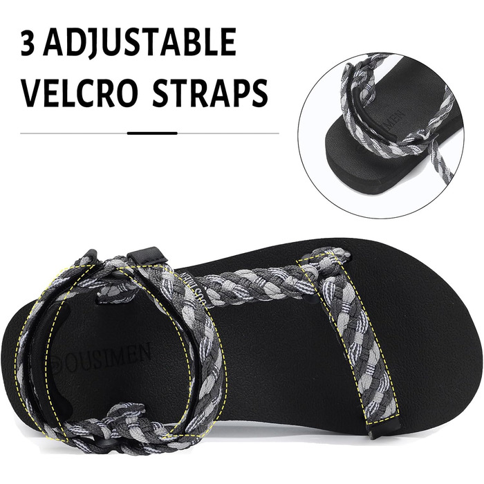 Спортивні сандалі OUSIMEN для жінок: піші прогулянки, йога, повсякденні, легкі, з підтримкою склепіння стопи, сірі (39 EU)