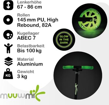 Самокат дитячий Muuwmi Lights алюмінієвий, з підсвіткою коліс, регульованим кермом, до 100 кг, зелено-чорний 145 мм, сертифікат GS