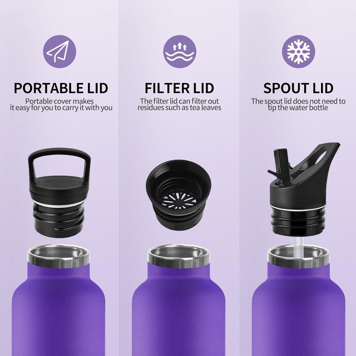 Термопляшка 500 мл, нержавіюча сталь, з соломкою, BPA Free, подвійні стінки, ізольована, для води, термопляшка, підходить для газованої води, кольори: темно-синій та темно-фіолетовий