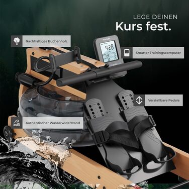 Гребний тренажер tectake з водяним опором та пульсоміром, складаний дерев'яний симулятор веслування для дому, до 150 кг