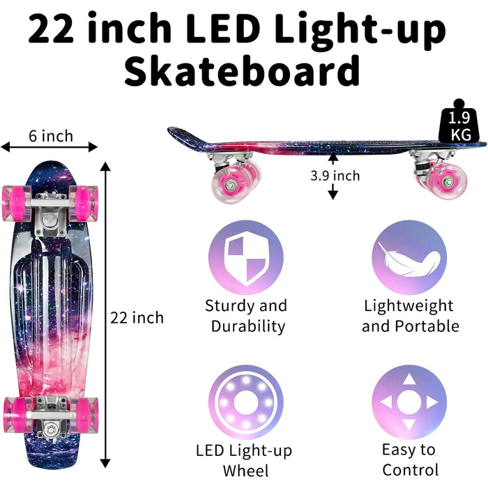 Скейтборд BELEEV 22 дюйми Galaxy Purple з LED колесами та T-інструментом для початківців (для дітей, підлітків, дорослих)