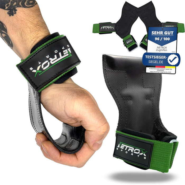 NetroxSports Power Grips – спортивні лямки для тяги, бодібілдингу, кросфіту та важкої атлетики, захист зап'ясть, універсальні, розмір S, зелений колір