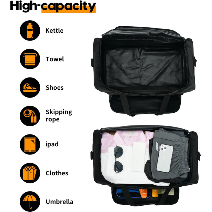 Спортивна сумка 42 л для жінок і чоловіків, дорожня сумка Weekender Carry-On, тренувальна сумка для спортзалу, чорна