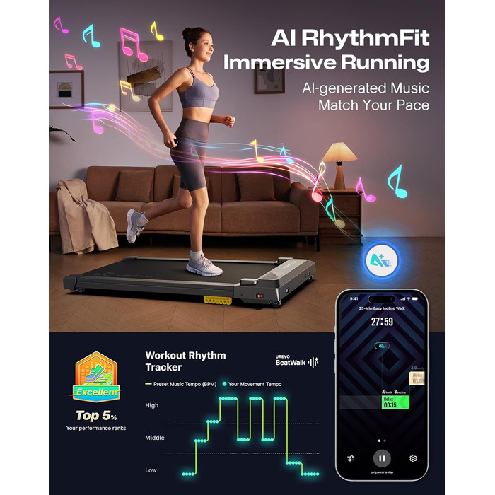 Бігова доріжка UREVO Smart Walking Pad під стіл з амортизацією та додатком: для дому, офісу, чорний 38x90 см