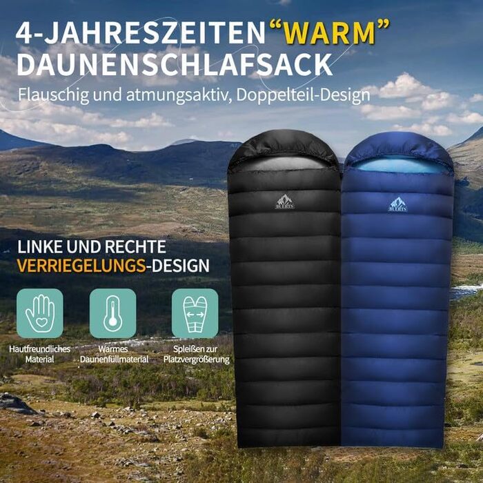 Спальний мішок зимовий Daunenschlafsack: теплий та легкий для дорослих та дітей, 680FP, для походів, альпінізму, кемпінгу. Чорний 0°C (Блакитний -10°C)