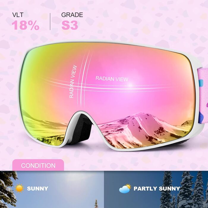 Дитячі гірськолижні маски Odoland для дівчаток та хлопчиків, сумісні зі шоломом, дзеркальні, захист від UV, проти запотівання, для катання на лижах та сноуборді, VLT 20% (рожеві — VLT 18%)