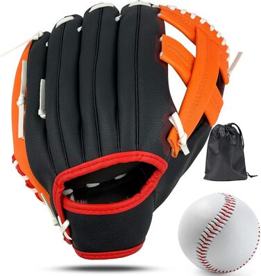 Рукавиця для бейсболу та софтболу з м'ячем, дитяча та доросла, потовщена, змагальна, помаранчево-чорна, 11.5 дюймів