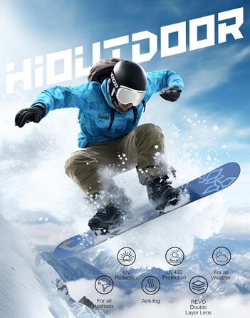 Скі-маска Hioutdoor для сноуборду та гірськолижного спорту: захист 100% від UV, антитуманне покриття, сумісна з шоломом, подвійна лінза, вітрозахист, комфортна підкладка, чорне обрамлення, червона лінза (VLT 15%)