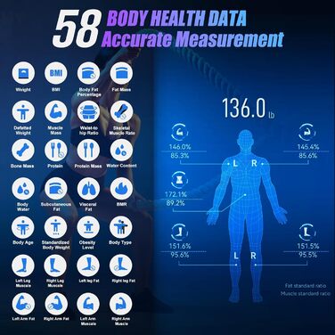 Вага для вимірювання жиру в тілі з датчиками рук, персональна вага з 8 електродами, цифрова вага з аналізом складу тіла, Bluetooth, 58 показників, для 24 користувачів, жир, ІМТ, 180 кг/400 фунтів, чорний