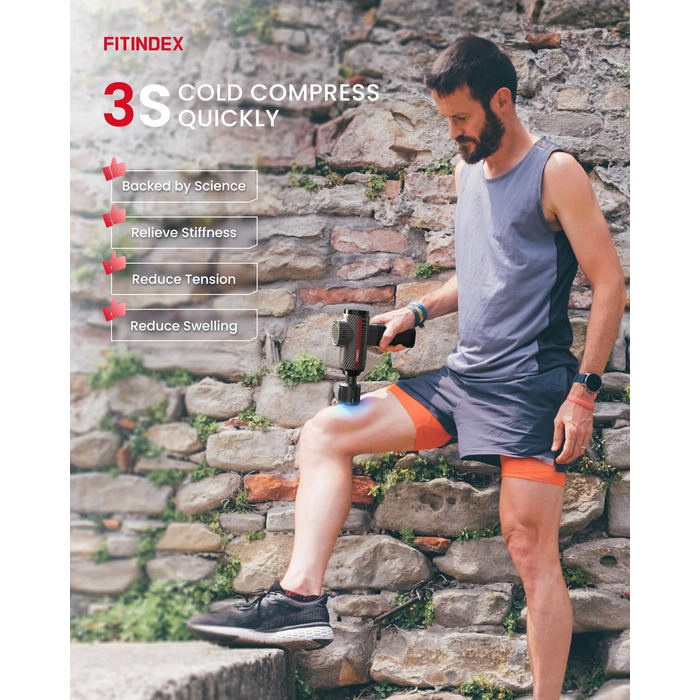 Масажний пістолет FITINDEX з функцією нагріву і охолодження, LED дисплей, 5 насадок, 15Вт швидке заряджання, для спини, шиї та м'язів