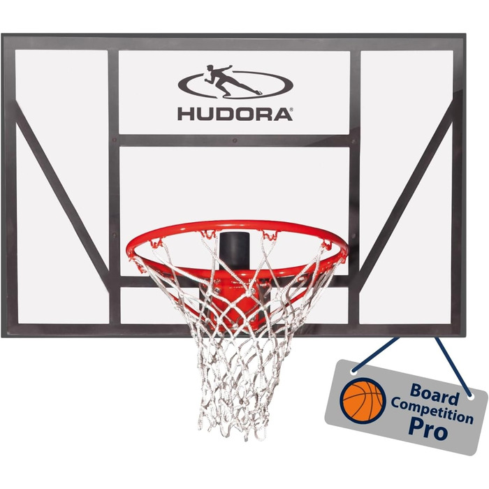 Баскетбольний щит HUDORA Competition Pro із пружним кільцем для стінного монтажу, прозора задня стінка, для дітей і дорослих, для вулиці, для саду