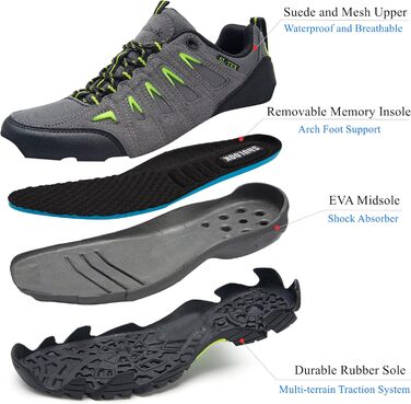 Черевики для туризму SHULOOK чоловічі водонепроникні, легкі, трекінгові, з підтримкою гомілкостопа, антиковзаючі, сірі, зелені, 44 EU