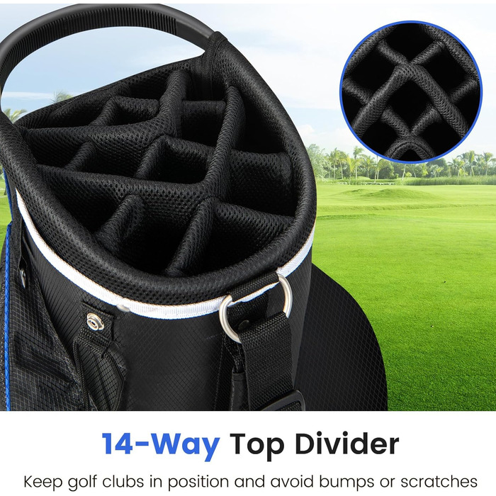 Сумка для гольфу LIFEZEAL Stand Bag з 14 відділеннями, з ременем, тримачем для напоїв, 9 кишень, холодильником, тримачем для парасольки, для чоловіків та жінок, блакитна