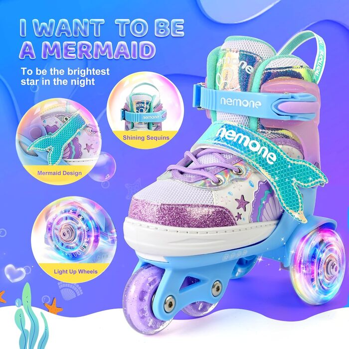 Дитячі ролики Nemone для дівчаток, блакитно-фіолетові, 4 розміри, регульовані, для катання в приміщенні та на вулиці