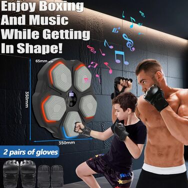 Музична боксерська машина – розумна боксерська машина з LED-підсвіткою, боксерськими рукавичками, 8 режимів швидкості та функцією підрахунку, настінна боксерська машина з музикою для дітей та дорослих (35*35 см)