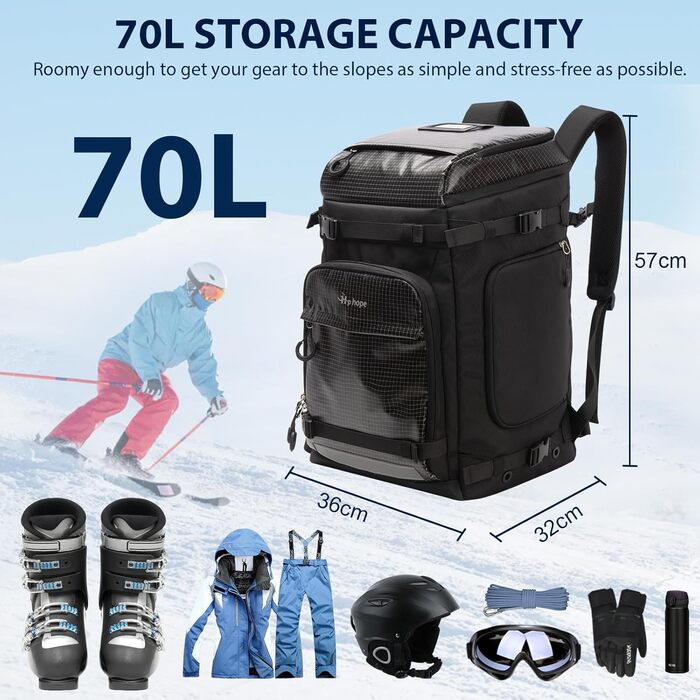 Чорний рюкзак HP 70L для гірськолижного спорядження з відділенням для шолома