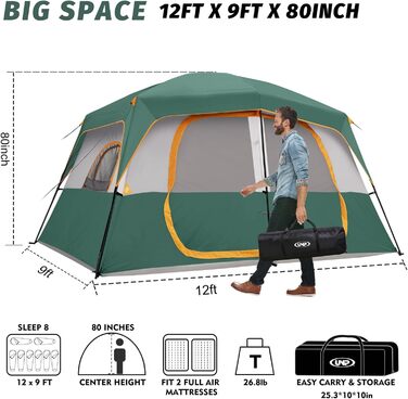 Намет кемпінговий 4-8 осіб Campingzelt водонепроникний, з тентом, зелений 360x270x200 см для кемпінгу, туризму та трекінгу