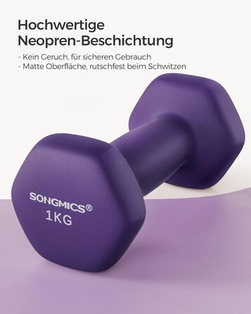 Гантелі SONGMICS 2 шт. по 1 кг, гексагональні, неопрена, для силових тренувань вдома, фіолетові