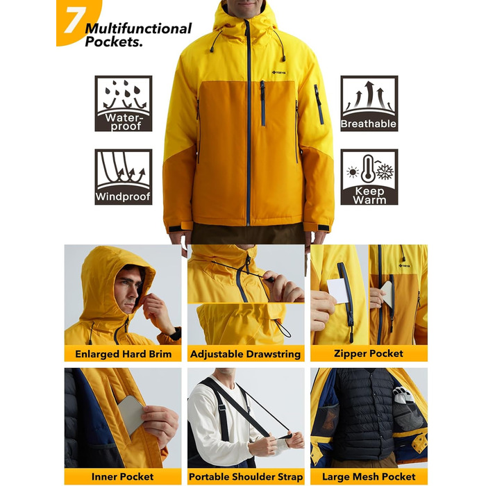 Чоловіча лижна куртка GEMYSE з інтегрованими підтяжками та капюшоном. Тепла водонепроникна зимова куртка-вітрівка для сноубордингу та хайкінгу. Розмір XXL. Кольори: золотисто-жовтий та реальгар-коричневий