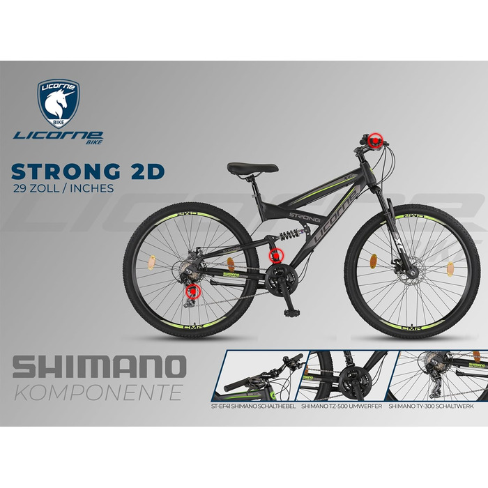 Гірський велосипед Licorne Bike Strong 2D Premium 29 дюймів для підлітків і дорослих, дискові гальма, 21 швидкість, повна амортизація, чорний/лайм
