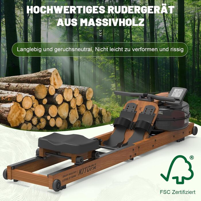 Гребний тренажер Kitopa з водою, дерев'яний, для дому, складаний, з Kinomap (30 днів), максимальна висота користувача 2м, вага до 160кг, Bluetooth, дисплей, регульований тримач для телефону, коричневий
