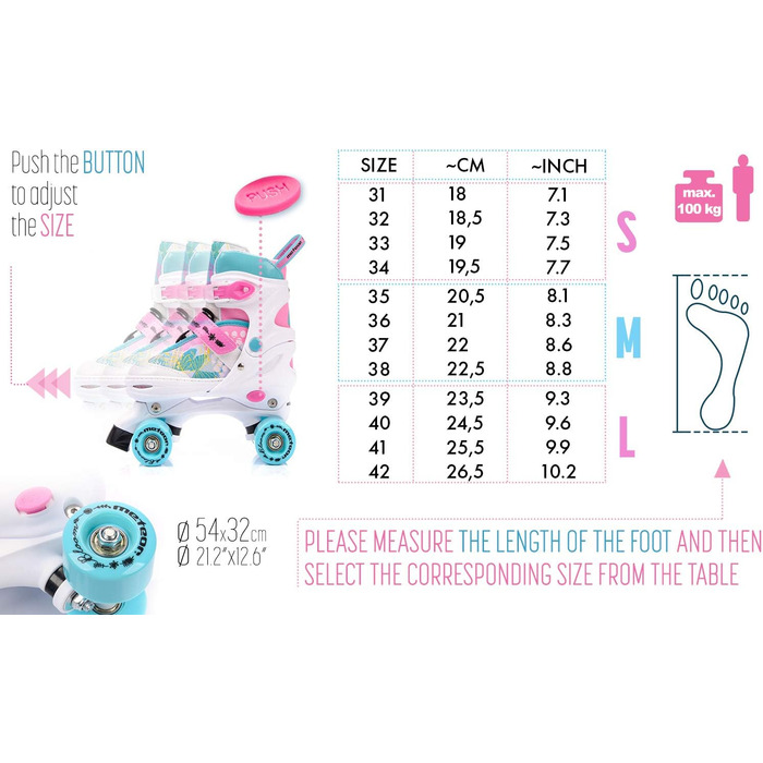 Роликові ковзани Meteor Retro Rollschuhe – стиль 80-х для дітей. Quad skate, 5 кольорів, регульований розмір 39-42 (Flora)