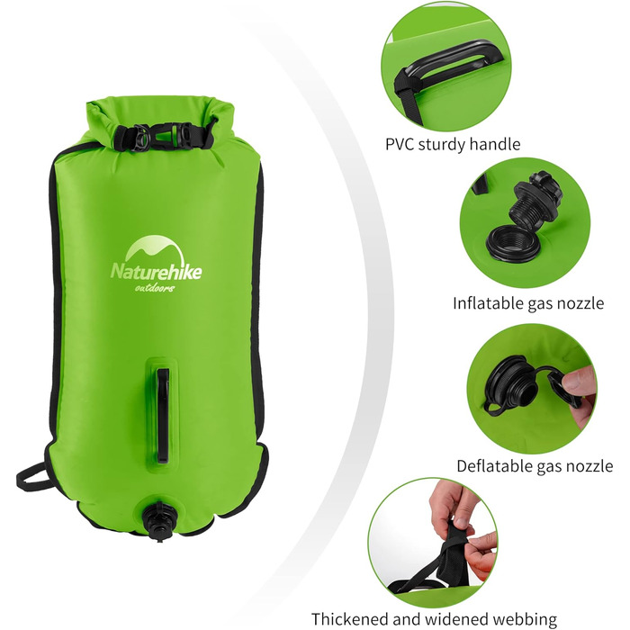 Надувна плавуча шина Naturehike 18L з двома повітряними камерами, водонепроникний мішок-рюкзак для плавання, пляжу, з регульованим поясом, зелений